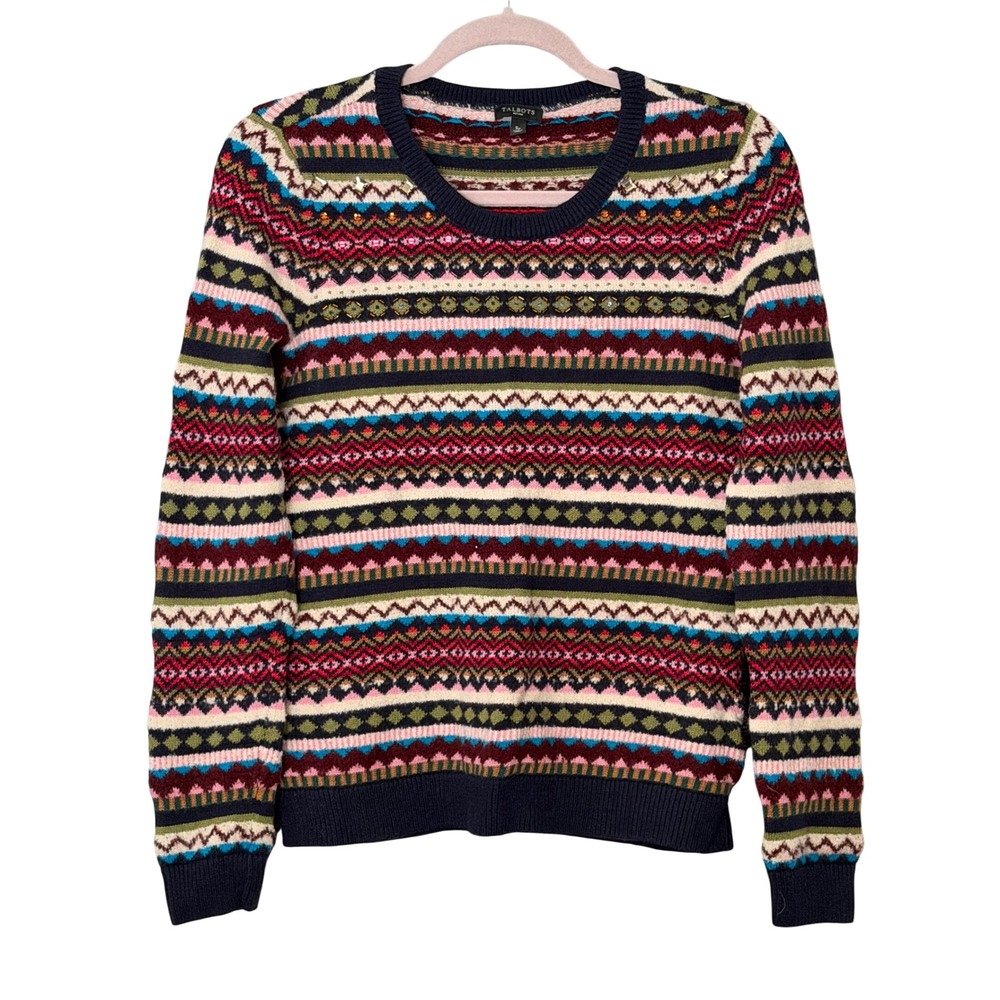 Talbots Women's SP Fair Isle Embellished Blue Burgundy Cream Sweater | SKU 1073